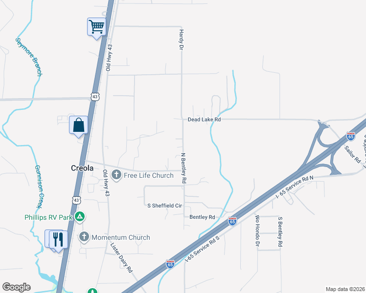 map of restaurants, bars, coffee shops, grocery stores, and more near 304 N Bentley Rd in Creola