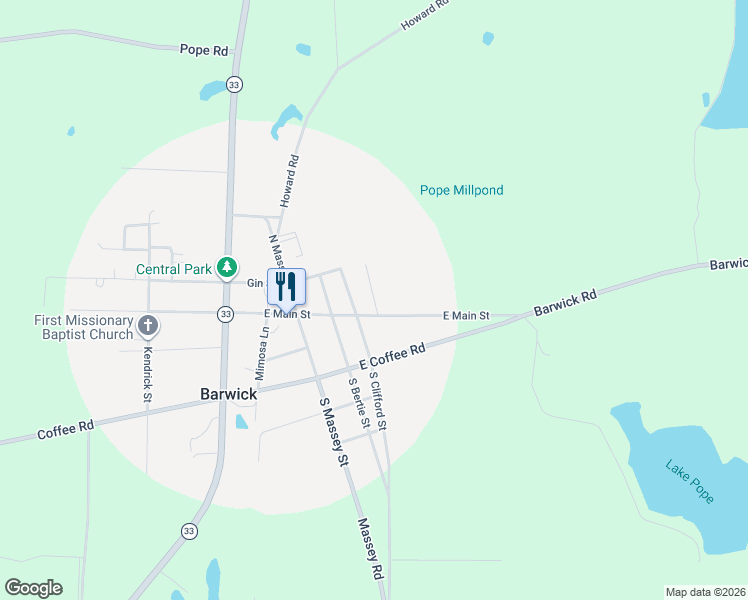 map of restaurants, bars, coffee shops, grocery stores, and more near 1120-1130 North Sims Street in Barwick