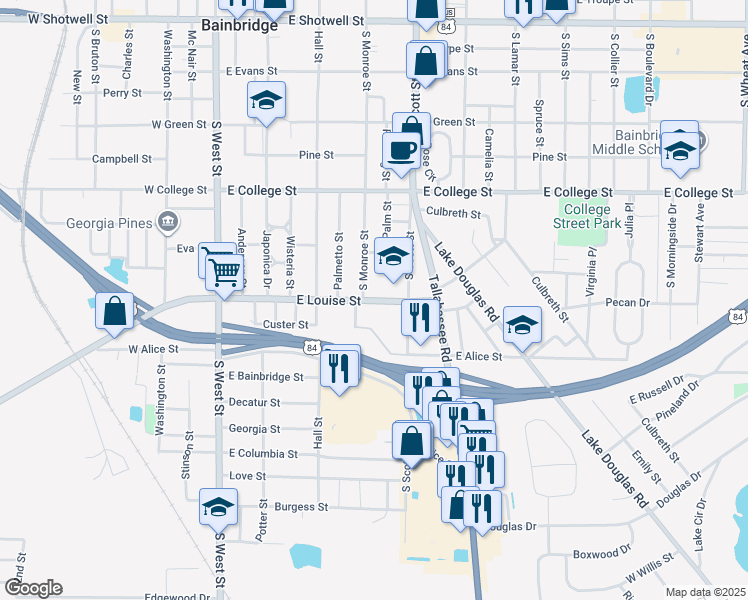 map of restaurants, bars, coffee shops, grocery stores, and more near 725 East Louise Street in Bainbridge