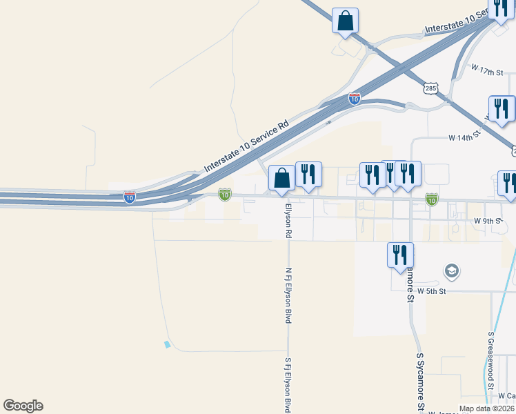 map of restaurants, bars, coffee shops, grocery stores, and more near 3341 Interstate 10 Business Loop in Fort Stockton