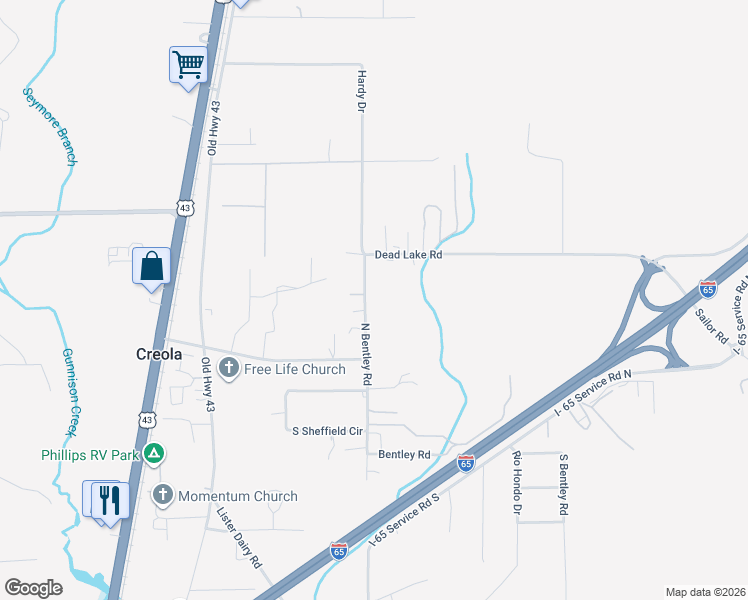 map of restaurants, bars, coffee shops, grocery stores, and more near 304 N Bentley Rd in Creola