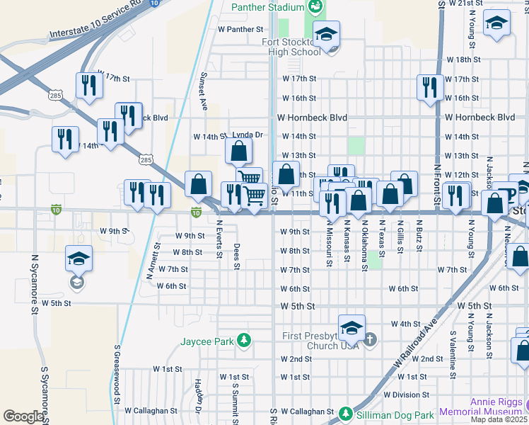 map of restaurants, bars, coffee shops, grocery stores, and more near 1504 Interstate 10 Business in Fort Stockton