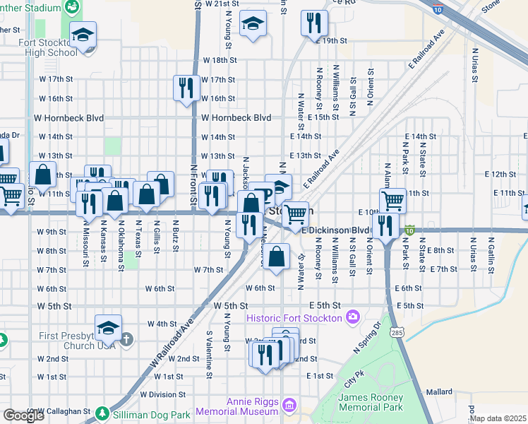 map of restaurants, bars, coffee shops, grocery stores, and more near 200 West 10th Street in Fort Stockton