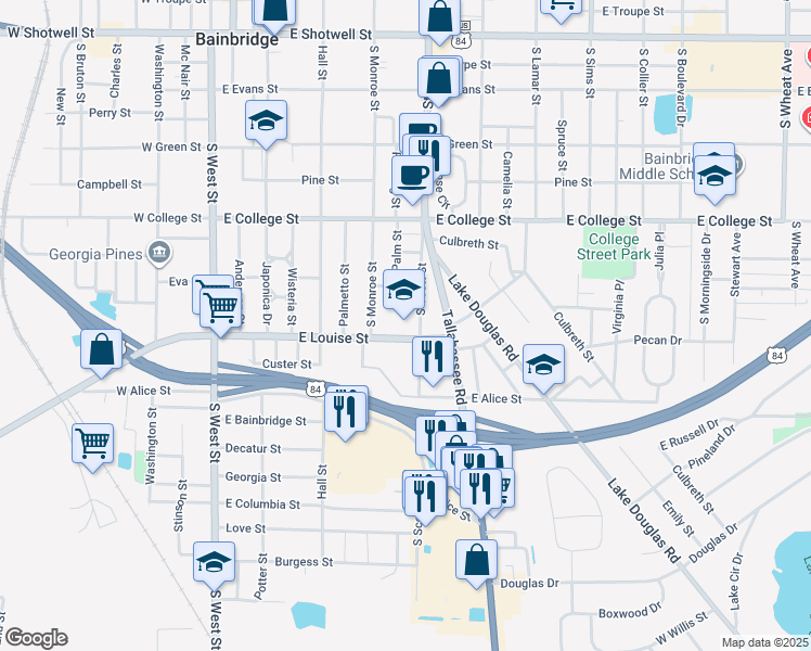 map of restaurants, bars, coffee shops, grocery stores, and more near 725 East Louise Street in Bainbridge