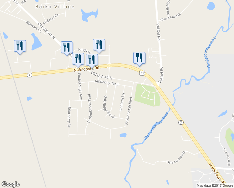 map of restaurants, bars, coffee shops, grocery stores, and more near 4207 Thornwood Way in Valdosta