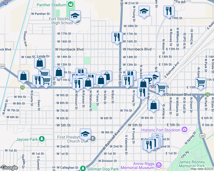 map of restaurants, bars, coffee shops, grocery stores, and more near 710 West Dickinson Boulevard in Fort Stockton