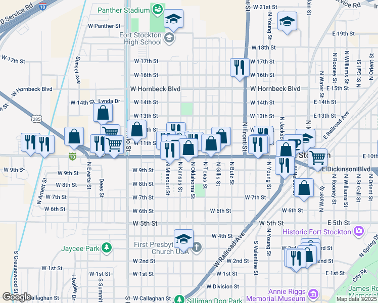 map of restaurants, bars, coffee shops, grocery stores, and more near 1000 West Dickinson Boulevard in Fort Stockton