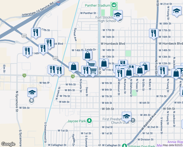 map of restaurants, bars, coffee shops, grocery stores, and more near Interstate 10 Business Loop in Fort Stockton