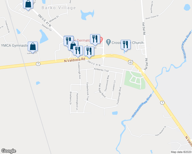 map of restaurants, bars, coffee shops, grocery stores, and more near 4407 Willow Wood Gate in Valdosta