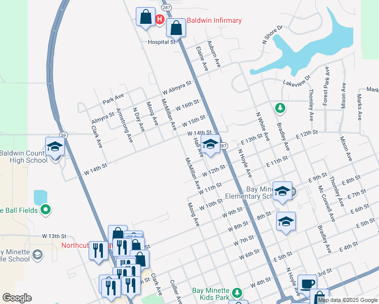 map of restaurants, bars, coffee shops, grocery stores, and more near 1302 Mc Millan Ave in Bay Minette