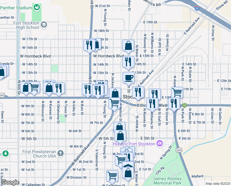 map of restaurants, bars, coffee shops, grocery stores, and more near 200-272 West 10th Street in Fort Stockton