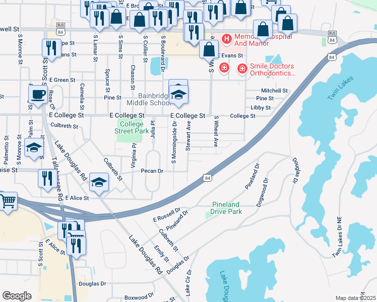 map of restaurants, bars, coffee shops, grocery stores, and more near 1401 Woodland Drive in Bainbridge