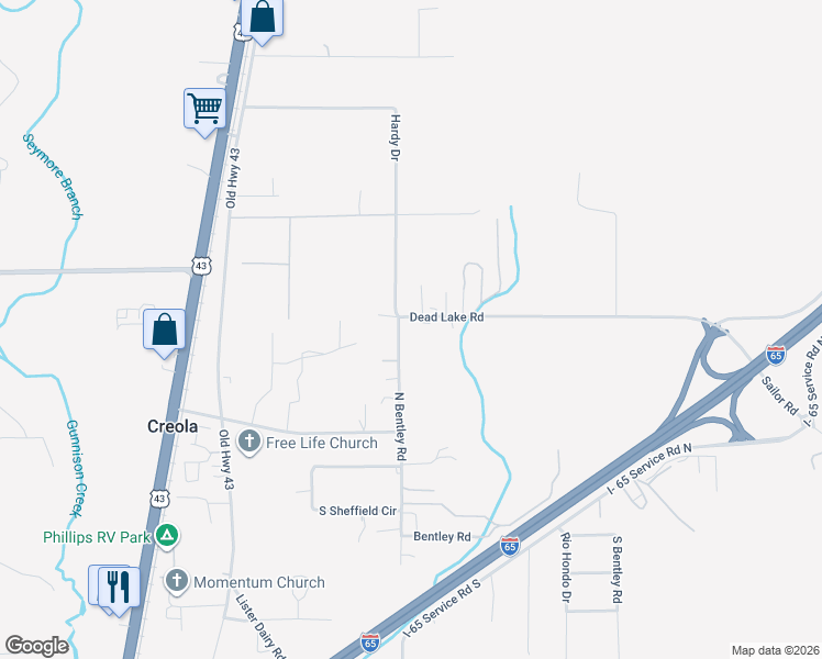 map of restaurants, bars, coffee shops, grocery stores, and more near 307 Dead Lake Road in Creola