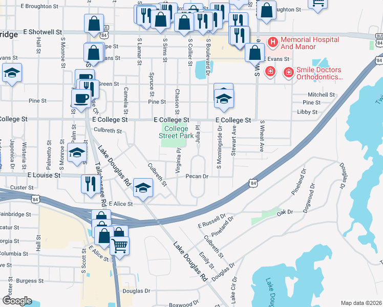 map of restaurants, bars, coffee shops, grocery stores, and more near 1004 South Julia Circle in Bainbridge