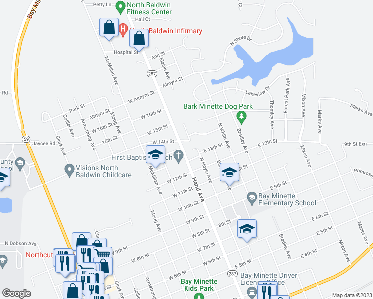 map of restaurants, bars, coffee shops, grocery stores, and more near 1308 Hand Avenue in Bay Minette