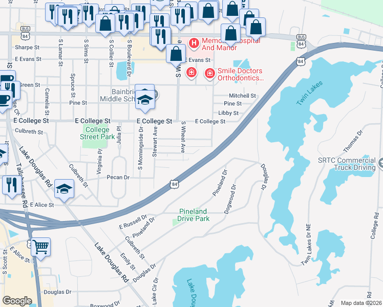 map of restaurants, bars, coffee shops, grocery stores, and more near 1515 Woodland Drive in Bainbridge