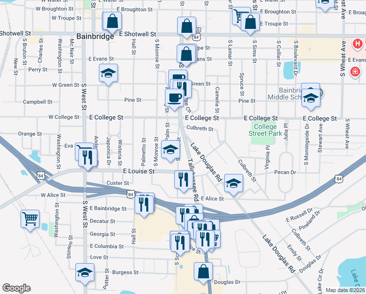 map of restaurants, bars, coffee shops, grocery stores, and more near 713-723 King Street in Bainbridge