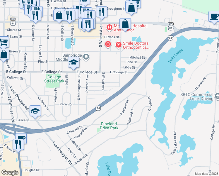 map of restaurants, bars, coffee shops, grocery stores, and more near 1515 Woodland Drive in Bainbridge