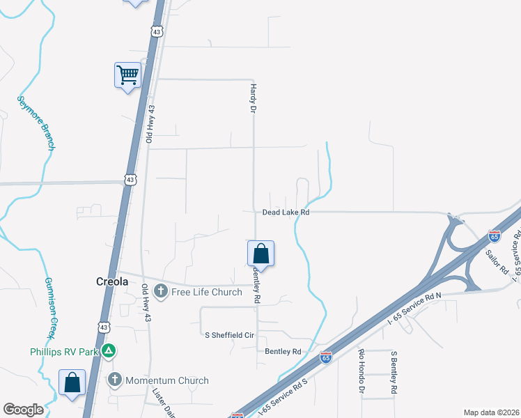 map of restaurants, bars, coffee shops, grocery stores, and more near 307 Dead Lake Road in Creola