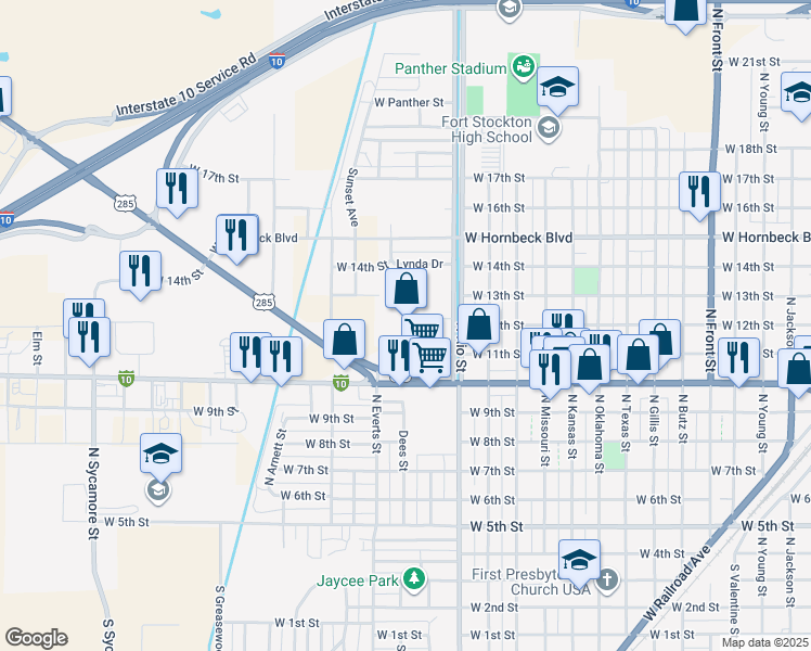 map of restaurants, bars, coffee shops, grocery stores, and more near 1700 West Dickinson Boulevard in Fort Stockton