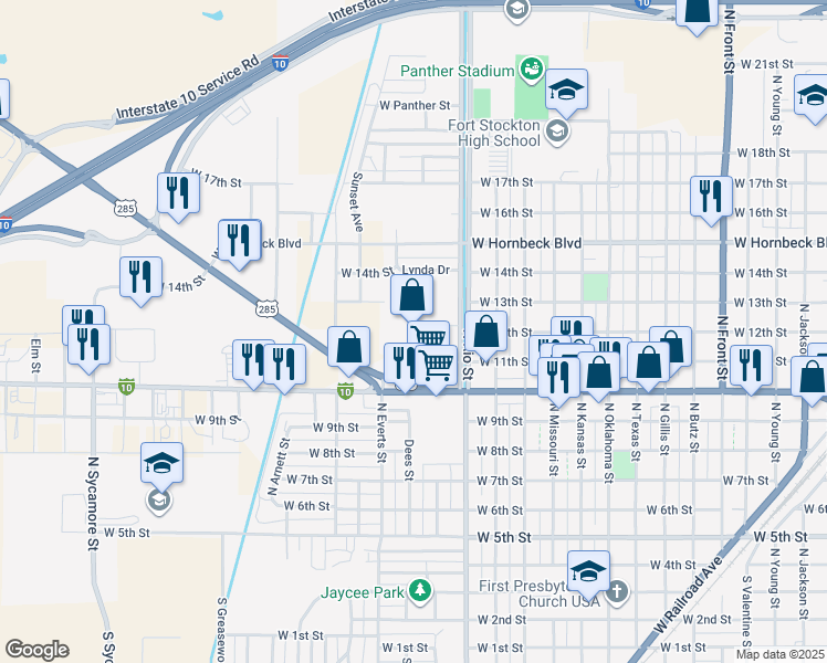 map of restaurants, bars, coffee shops, grocery stores, and more near 1700 West Dickinson Boulevard in Fort Stockton