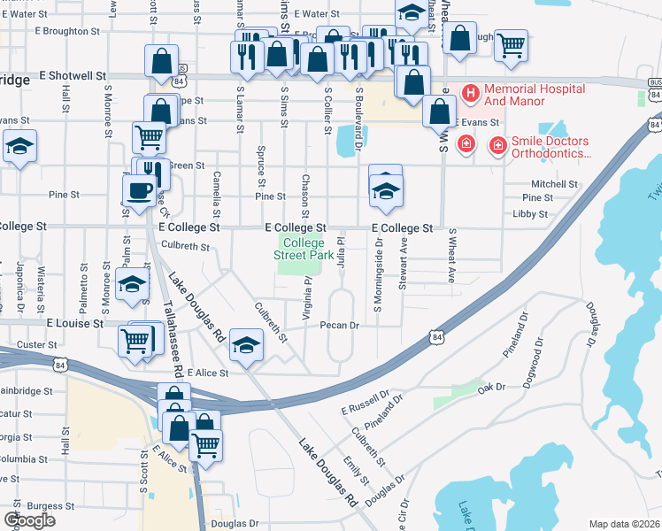 map of restaurants, bars, coffee shops, grocery stores, and more near 1004 South Julia Circle in Bainbridge