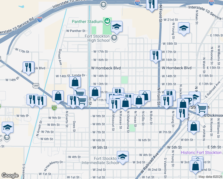 map of restaurants, bars, coffee shops, grocery stores, and more near 1104 North Missouri Street in Fort Stockton