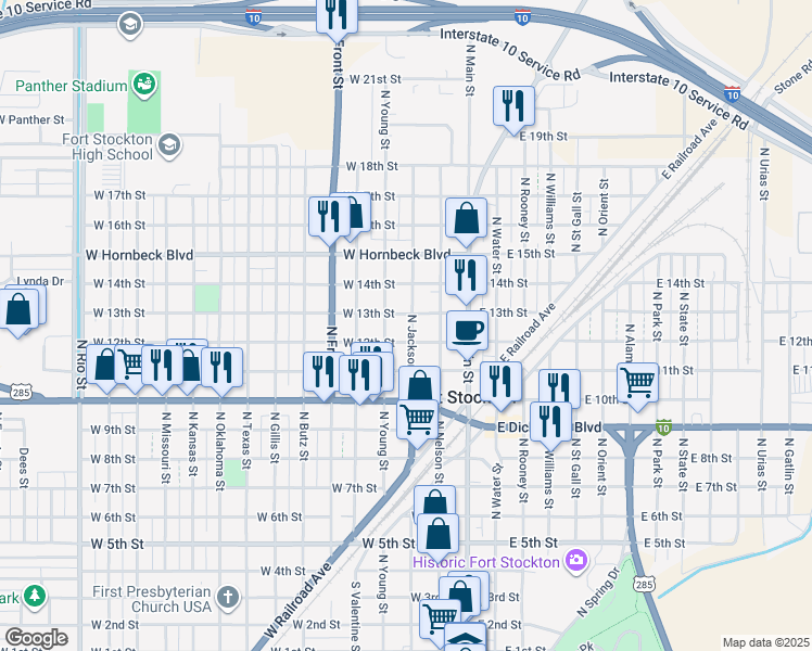 map of restaurants, bars, coffee shops, grocery stores, and more near 300-398 West 13th Street in Fort Stockton