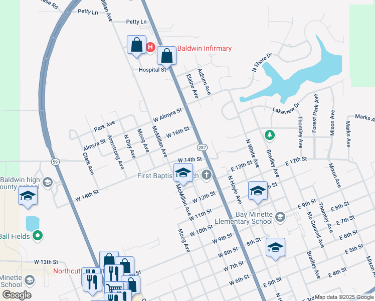 map of restaurants, bars, coffee shops, grocery stores, and more near 106 West 15th Street in Bay Minette