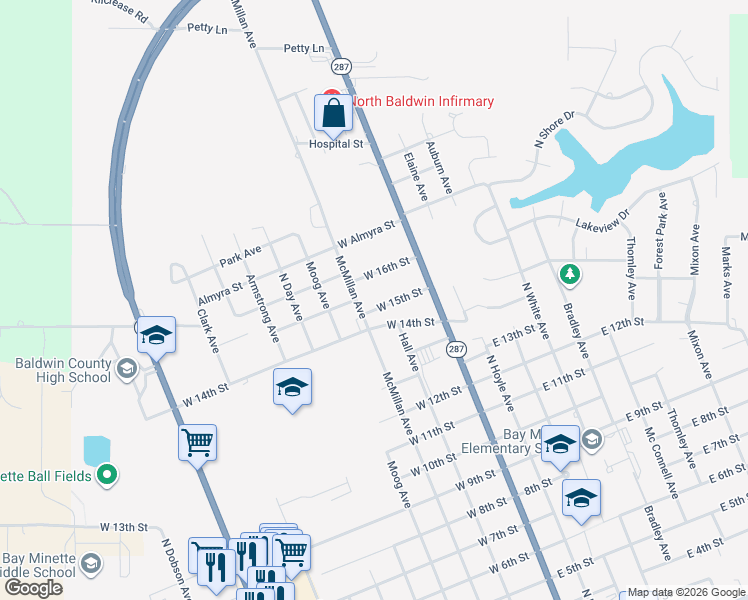 map of restaurants, bars, coffee shops, grocery stores, and more near 122 W 15th St in Bay Minette