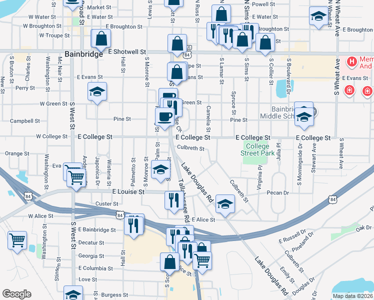 map of restaurants, bars, coffee shops, grocery stores, and more near 806 Culbreth Street in Bainbridge