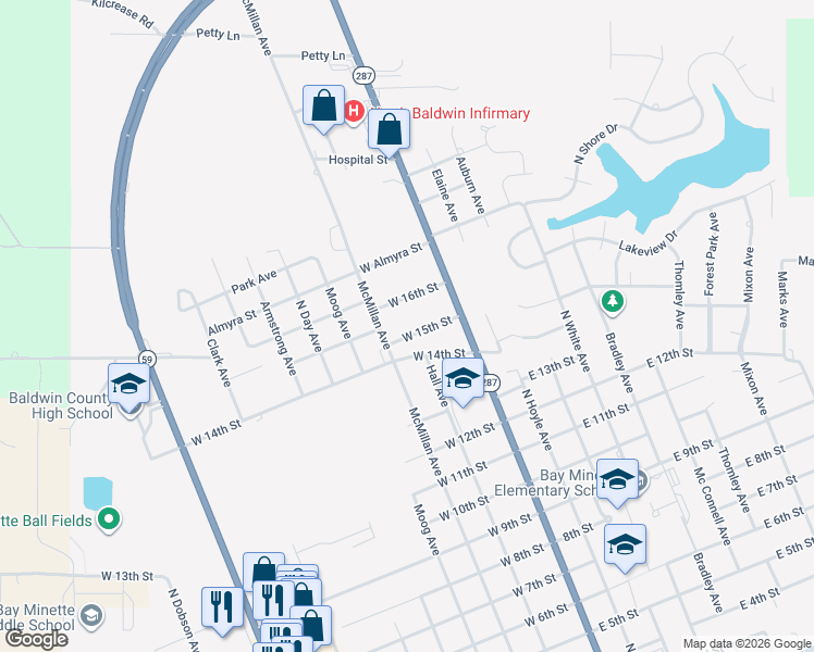 map of restaurants, bars, coffee shops, grocery stores, and more near 122 West 15th Street in Bay Minette