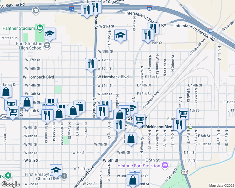 map of restaurants, bars, coffee shops, grocery stores, and more near 300 West 13th Street in Fort Stockton