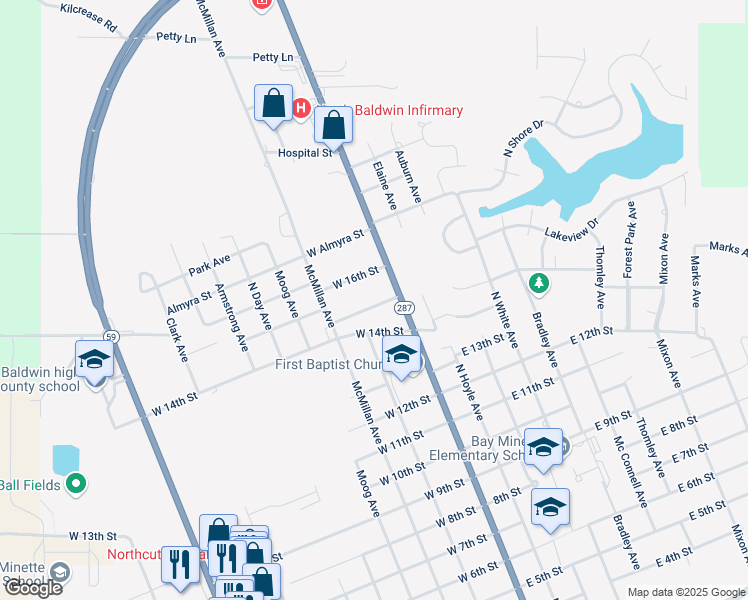 map of restaurants, bars, coffee shops, grocery stores, and more near 106 West 15th Street in Bay Minette