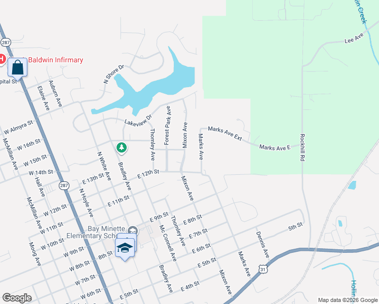 map of restaurants, bars, coffee shops, grocery stores, and more near 1210 Mixon Avenue in Bay Minette