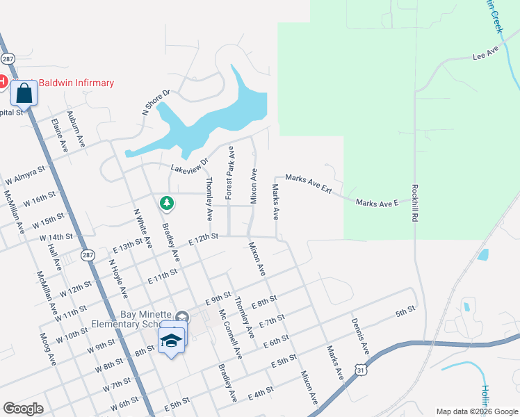 map of restaurants, bars, coffee shops, grocery stores, and more near 1210 Mixon Avenue in Bay Minette