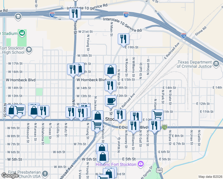 map of restaurants, bars, coffee shops, grocery stores, and more near 1300-1398 Farm to Market 1053 in Fort Stockton