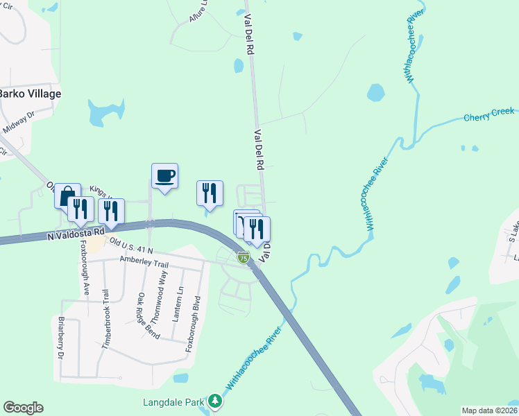 map of restaurants, bars, coffee shops, grocery stores, and more near 3469 Val Del Road in Valdosta