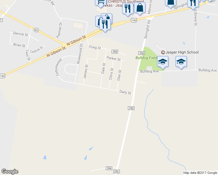 map of restaurants, bars, coffee shops, grocery stores, and more near 338 Chris Street in Jasper