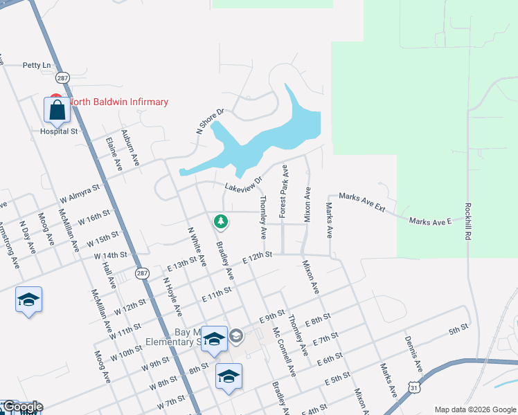 map of restaurants, bars, coffee shops, grocery stores, and more near 604 Norwood Drive in Bay Minette
