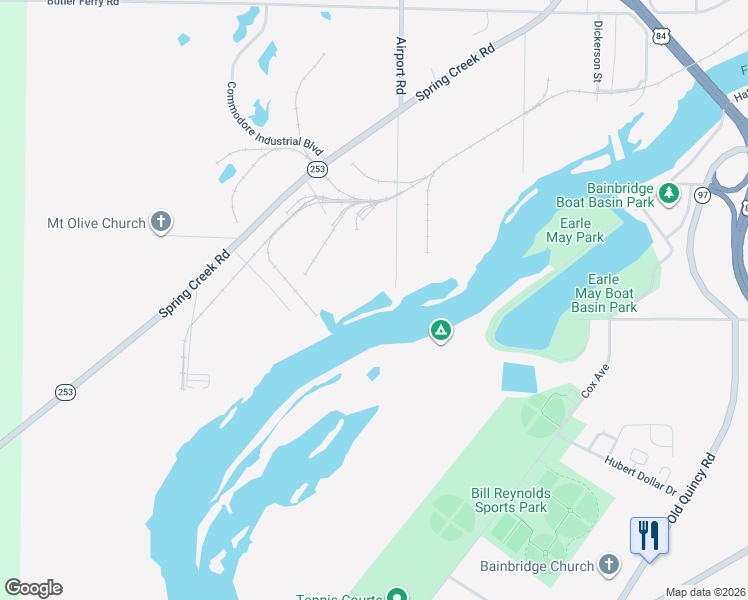 map of restaurants, bars, coffee shops, grocery stores, and more near 2400 Airport Road in Bainbridge