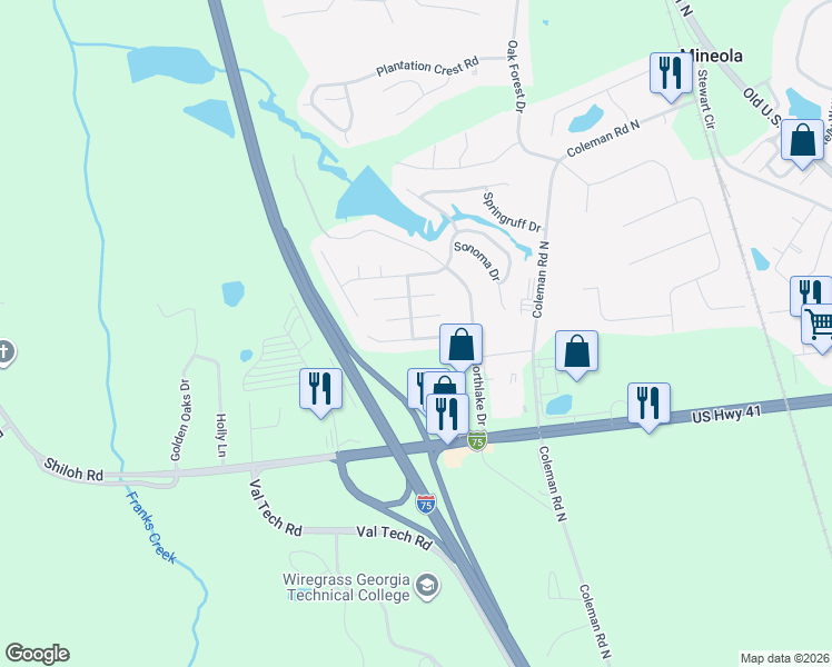 map of restaurants, bars, coffee shops, grocery stores, and more near 4144 Ginger Trail in Valdosta