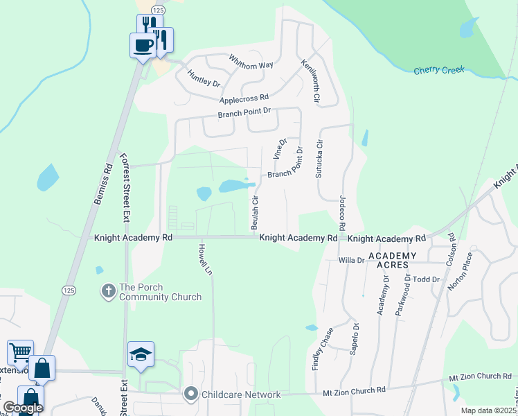 map of restaurants, bars, coffee shops, grocery stores, and more near 3574 Beulah Circle in Valdosta