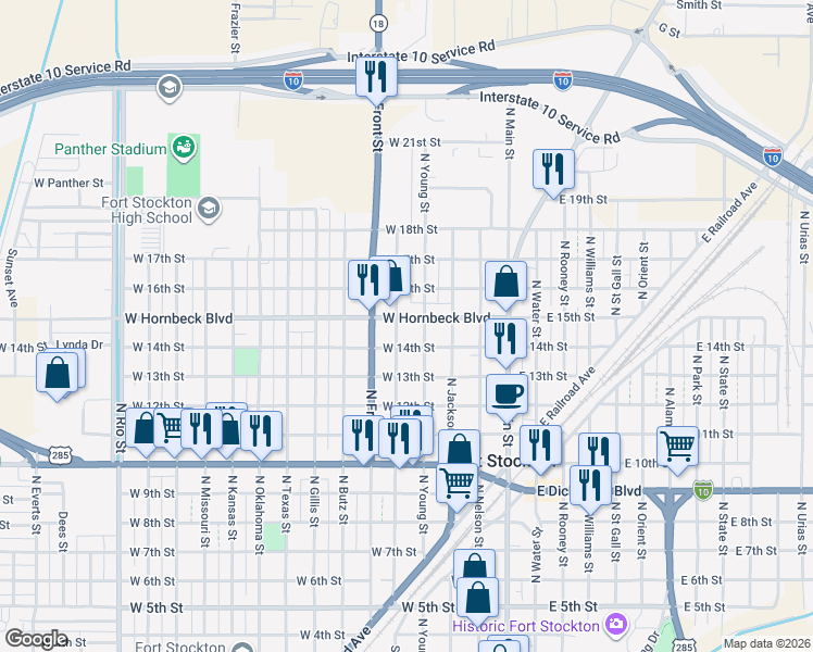 map of restaurants, bars, coffee shops, grocery stores, and more near 1400-1498 North Valentine Street in Fort Stockton
