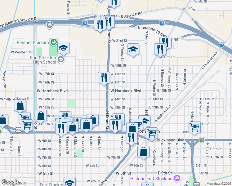 map of restaurants, bars, coffee shops, grocery stores, and more near 1400-1498 North Valentine Street in Fort Stockton