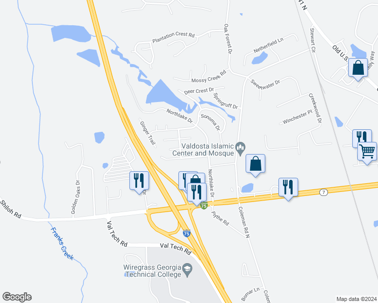 map of restaurants, bars, coffee shops, grocery stores, and more near 4313 Wisteria Lane in Valdosta