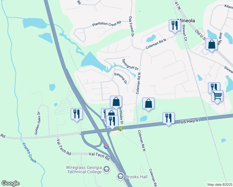 map of restaurants, bars, coffee shops, grocery stores, and more near 4017 Northlake Drive in Valdosta