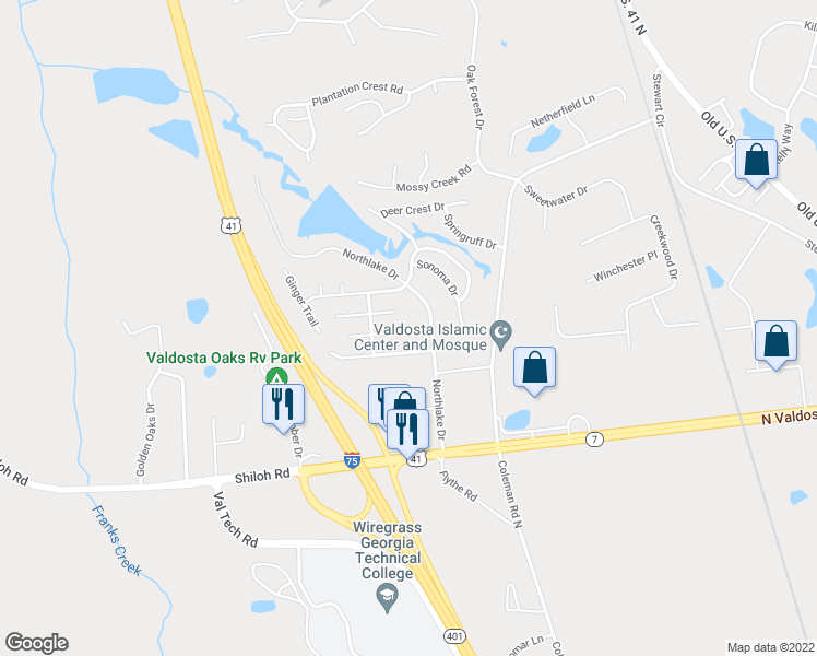 map of restaurants, bars, coffee shops, grocery stores, and more near 4300 Wisteria Lane in Valdosta
