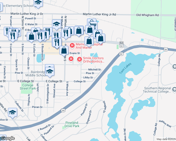 map of restaurants, bars, coffee shops, grocery stores, and more near 1617 Mitchell Street in Bainbridge