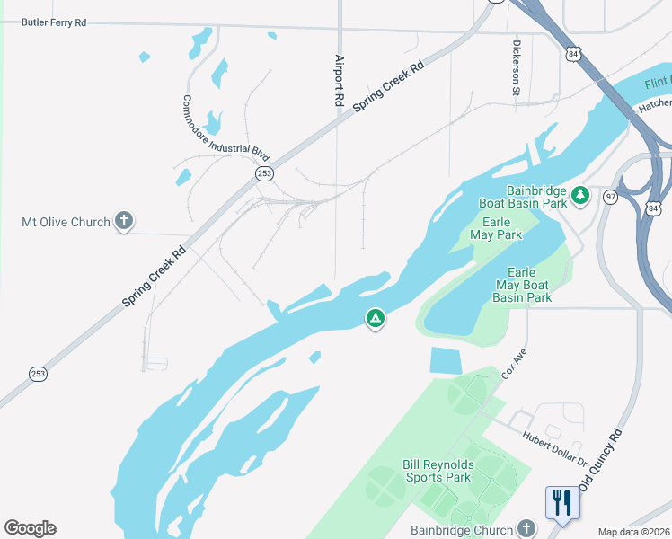 map of restaurants, bars, coffee shops, grocery stores, and more near 2400 Airport Road in Bainbridge